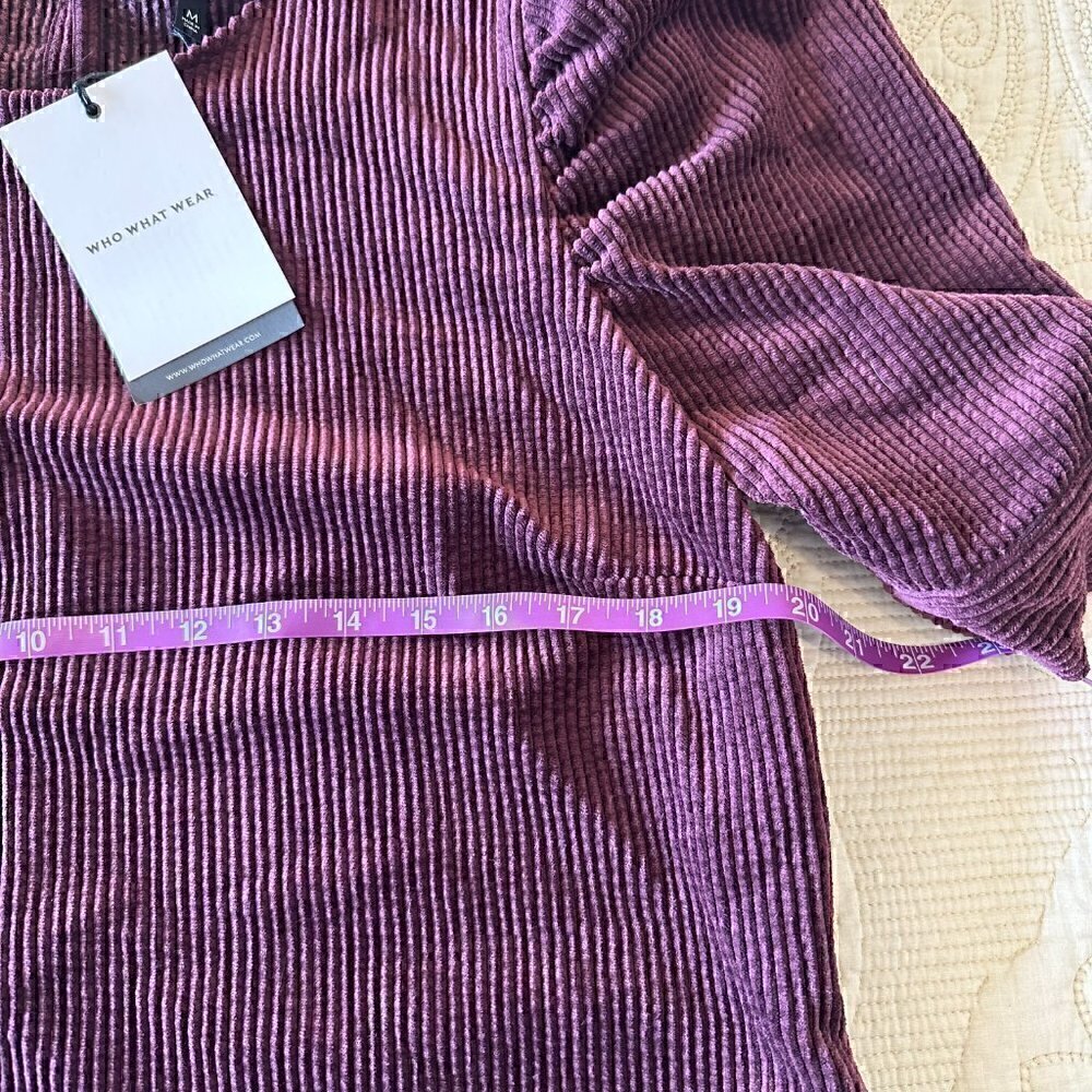 NWT Who What Wear purple velvet corduroy puff sleeve high neck dress women's M - Picture 8 of 9